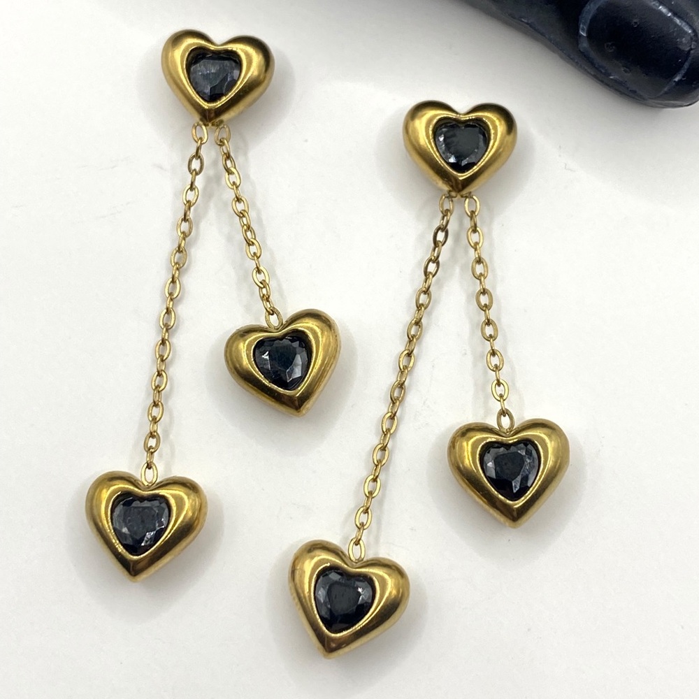NEW Gold Heart Drop Earrings with Black Gem Centers